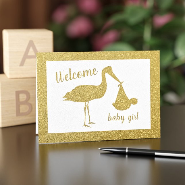 Gold Stork Welcome Girl Baby Congratulations Card (Creator Uploaded)