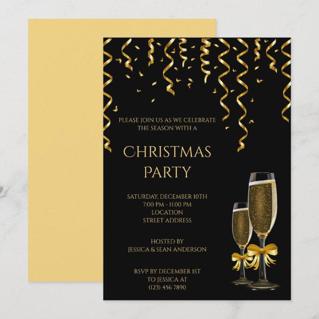 Gold Streamers & Champagne Christmas Invitation (Front/Back)