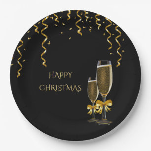 Gold Streamers & Champagne Christmas Paper Plate