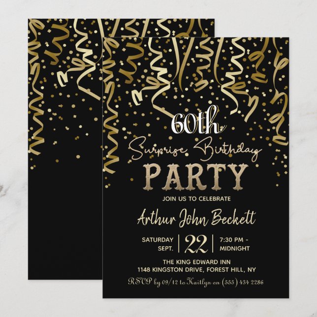 Gold Streamers & Confetti Surprise Birthday Party Invitation (Front/Back)