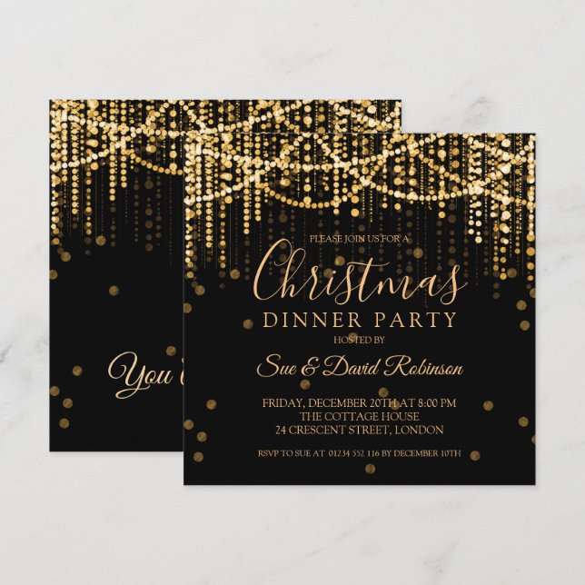 Gold String Lights Christmas Holiday Dinner Party Invitation (Front/Back)