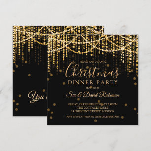Gold String Lights Christmas Holiday Dinner Party Invitation