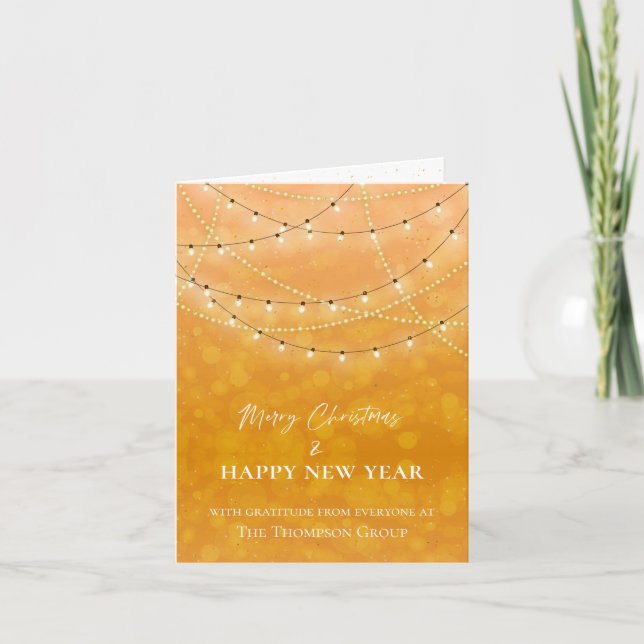 Gold String Lights Christmas New Year Corporate Note Card (Front)
