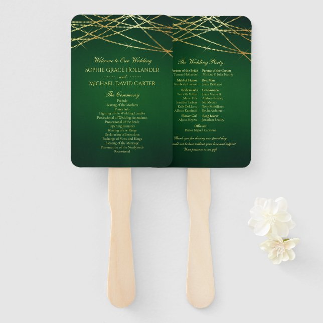 Gold String Lights on Emerald Green Hand Fan (Front and Back)