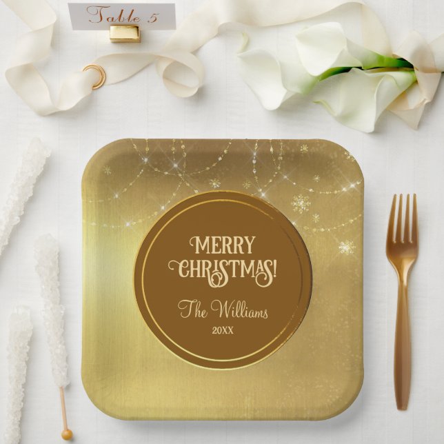Gold Strings Snowflakes Gold Metallic Paper Plate (Wedding)