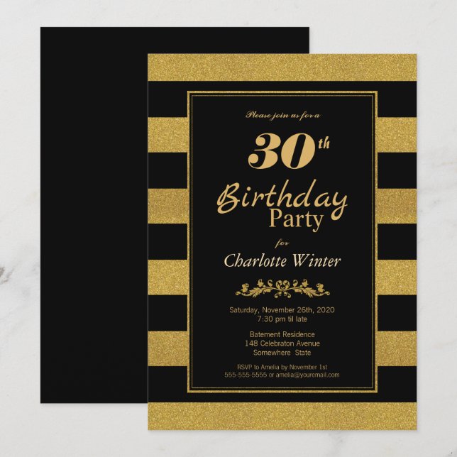 Gold Stripe 30th Birthday Party Invitation (Front/Back)