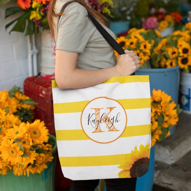 Gold Stripe and Sunflower Monogrammed Personalised Tote Bag (Creator Uploaded)