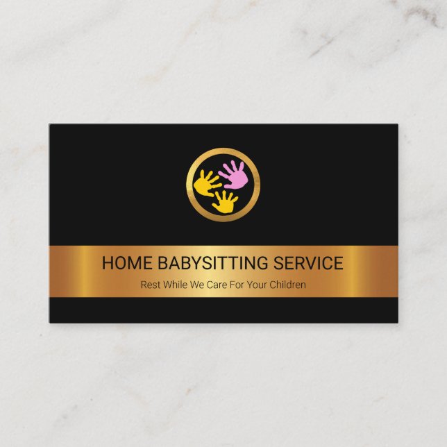 Gold Stripe Baby Hands Motif Babysitting Nanny Business Card (Front)