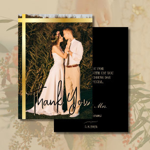 Gold Stripe Black Elegant Photo Wedding Thank You Card
