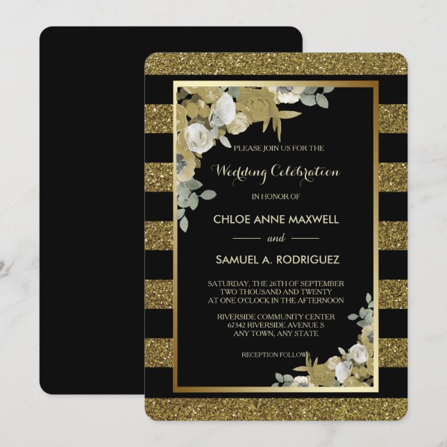 Gold Stripe Bronze Roses Wedding Invitation (Front/Back)