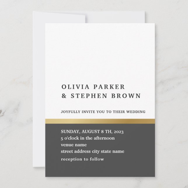 Gold stripe. Elegant black and white Wedding Invitation (Front)