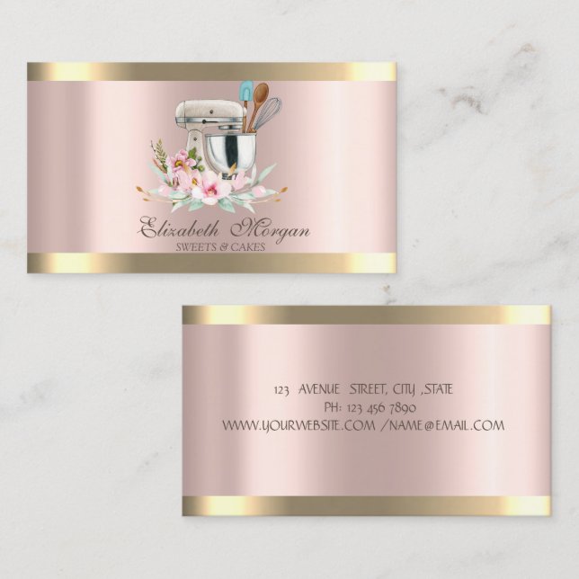 Gold Stripe Floral Mixer Rose Gold Bakery  Business Card (Front/Back)