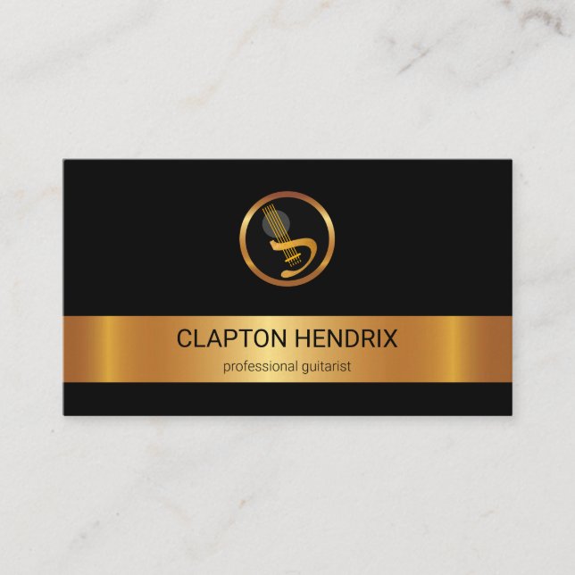 Gold Stripe Gold Guitar Logo Guitarist Musician Business Card (Front)