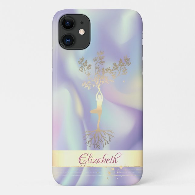 Gold Stripe Holographic Tree Women Silhouette Case-Mate iPhone Case (Back)