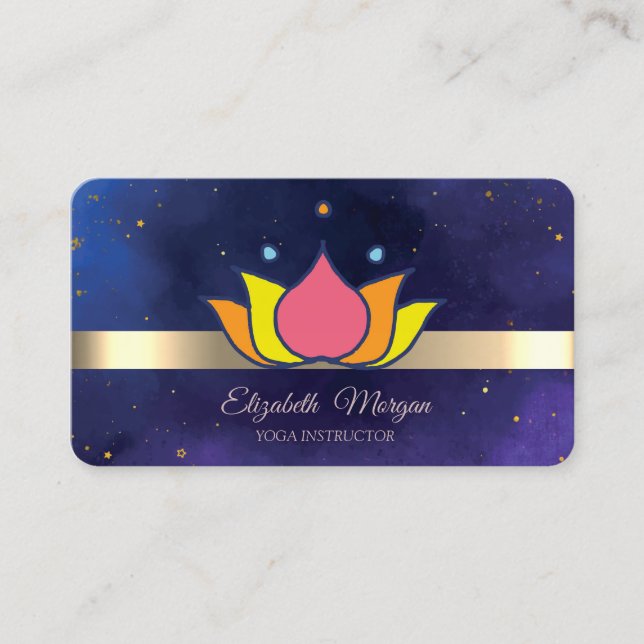  Gold Stripe Lotus Flower Blue Yoga Instructor Business Card (Front)