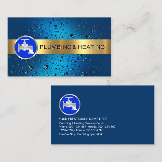 Gold Stripe On Blue Water Drops Business Card (Front/Back)