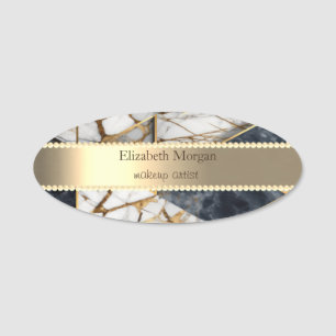 Gold Stripe, Pearls Black Geometric Marble  Name Tag