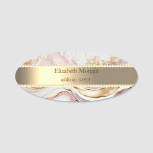 Gold Stripe, Pearls Pink Marble  Name Tag