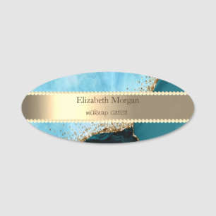  Gold Stripe, Pearls Turquoise Marble Gold Sequins Name Tag