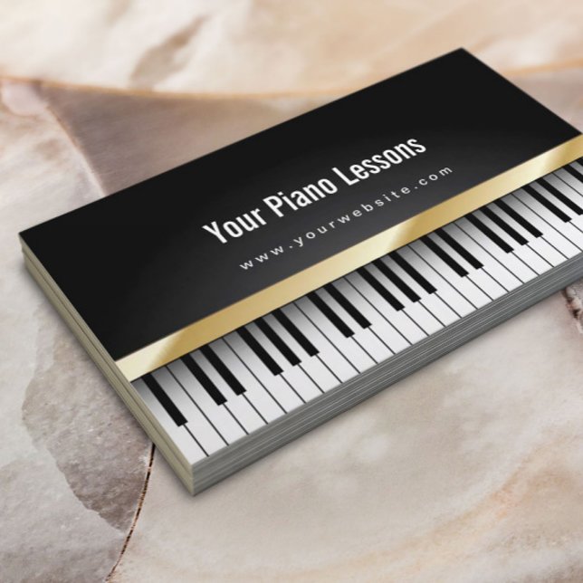 Gold Stripe Piano Lessons Dark Business Card (Creator Uploaded)