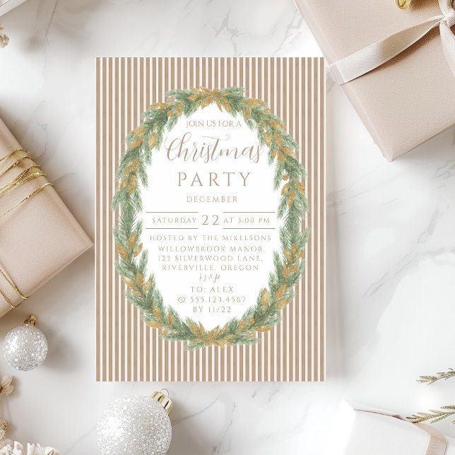 Gold Stripe Pine Wreath Christmas Invitation (Creator Uploaded)