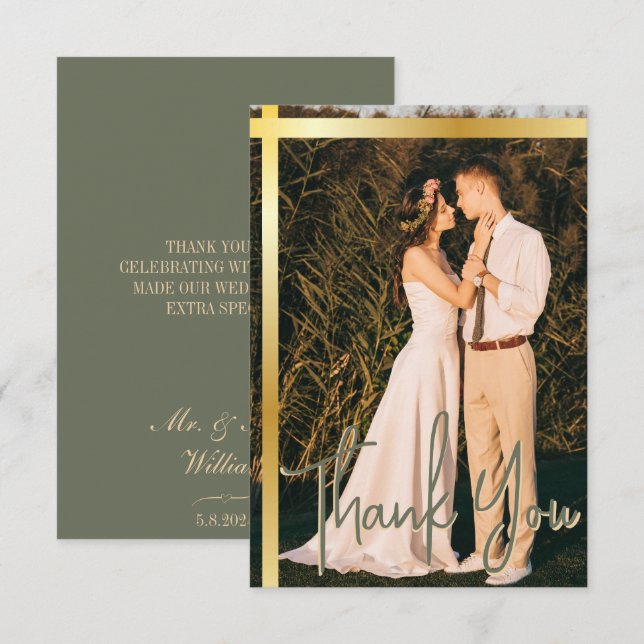 Gold Stripe Sage Green Elegant Photo Wedding Thank You Card (Front/Back)
