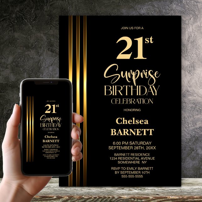 Gold Striped Black 21st Surprise Birthday Party Invitation (Creator Uploaded)