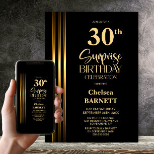 Gold Striped Black 30th Surprise Birthday Party Invitation