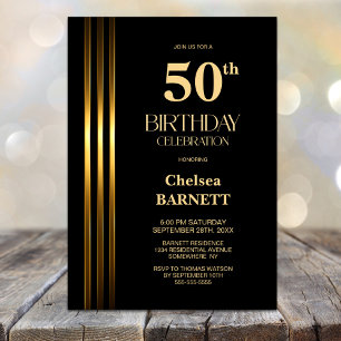 Gold Striped Black 50th Birthday Party Invitation