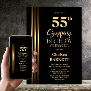 Gold Striped Black 55th Surprise Birthday Party Invitation