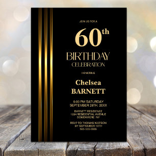 Gold Striped Black 60th Birthday Party Invitation