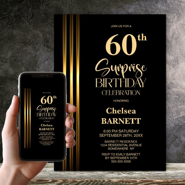 Gold Striped Black 60th Surprise Birthday Party Invitation (Creator Uploaded)