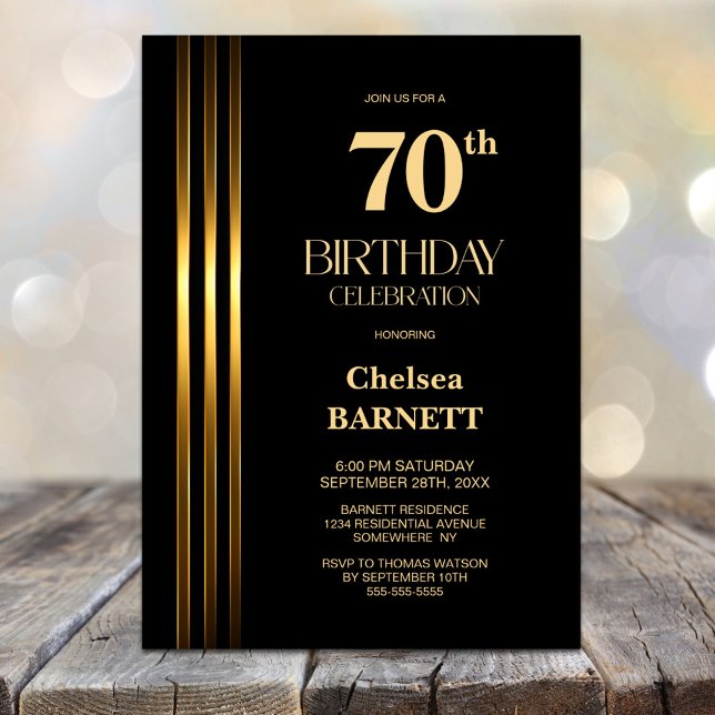 Gold Striped Black 70th Birthday Party Invitation (Creator Uploaded)