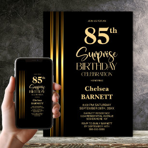 Gold Striped Black 85th Surprise Birthday Party Invitation