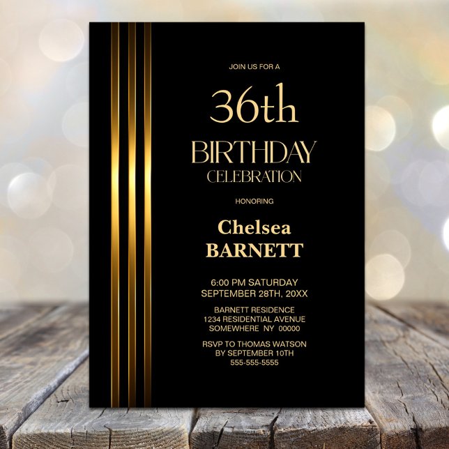 Gold Striped Black Any Age Birthday Party Invitation (Creator Uploaded)