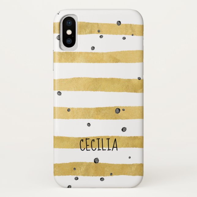 Gold Striped & Black Dots Monogram Case-Mate iPhone Case (Back)