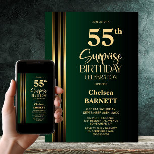 Gold Striped Black Green 55th Surprise Birthday Invitation