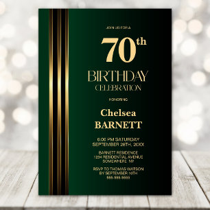 Gold Striped Black Green 70th Birthday Party Invitation