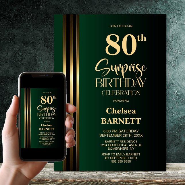 Gold Striped Black Green 80th Surprise Birthday Invitation (Creator Uploaded)