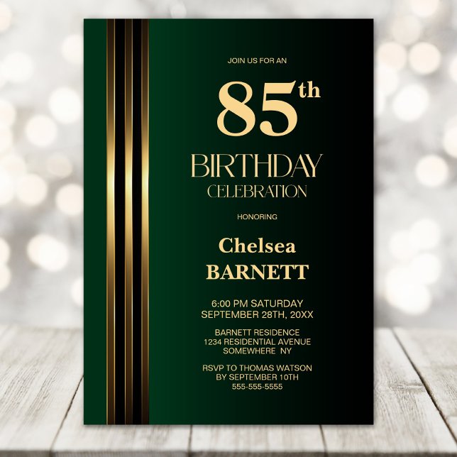 Gold Striped Black Green 85th Birthday Party Invitation (Creator Uploaded)