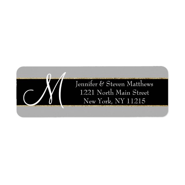 Gold Striped Black Monogram Initials Name Labels (Front)