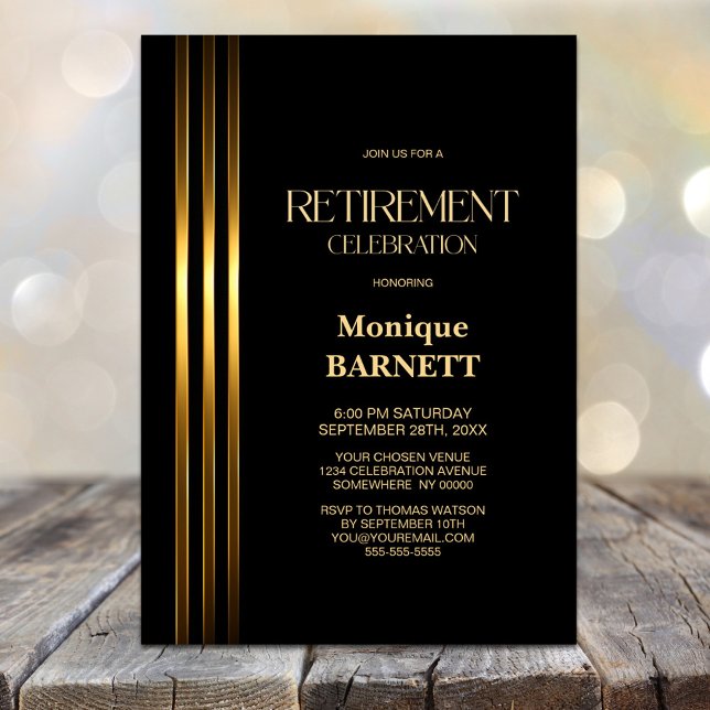 Gold Striped Black Retirement Party Invitation (Creator Uploaded)