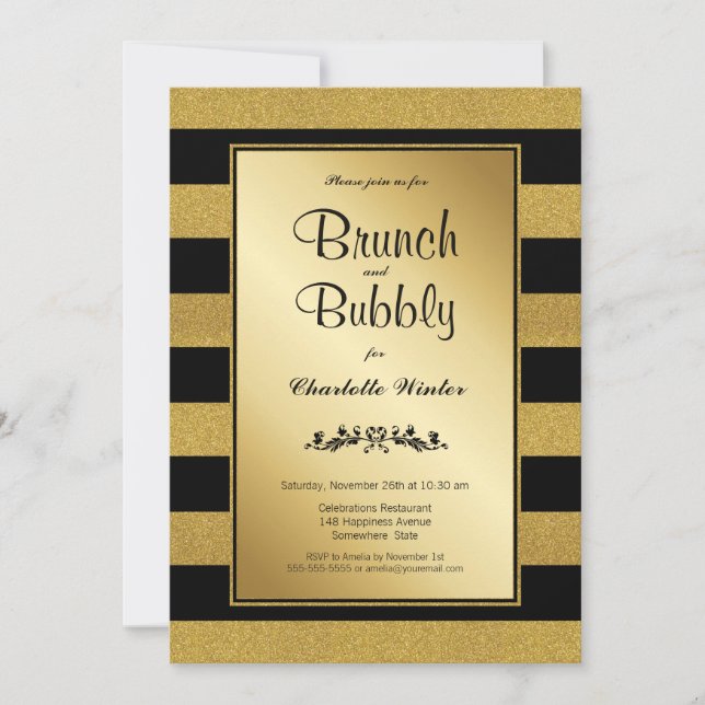 Gold Striped Brunch and Bubbly Invitation (Front)