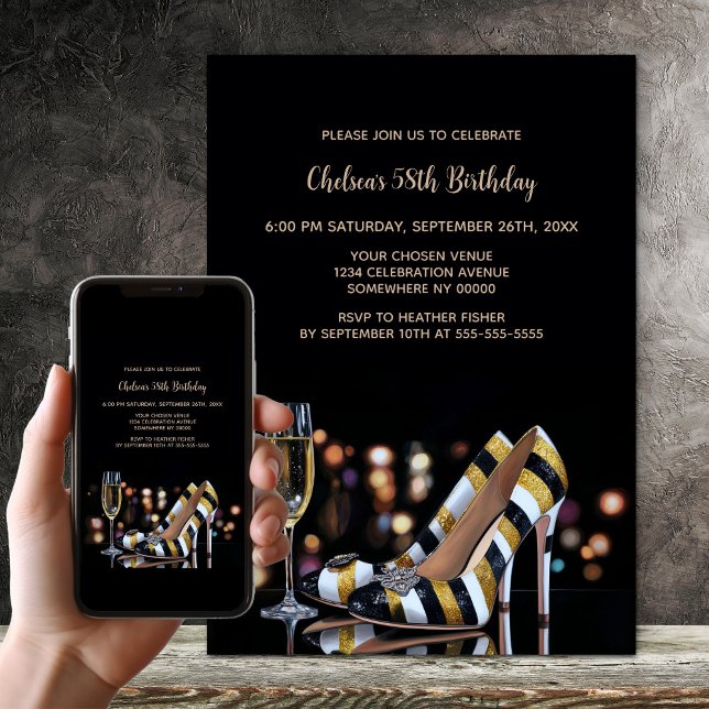 Gold Striped High Heel Shoes Birthday Party Invitation (Creator Uploaded)