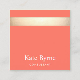 Gold Striped Modern Stylish Coral Orange Square Business Card