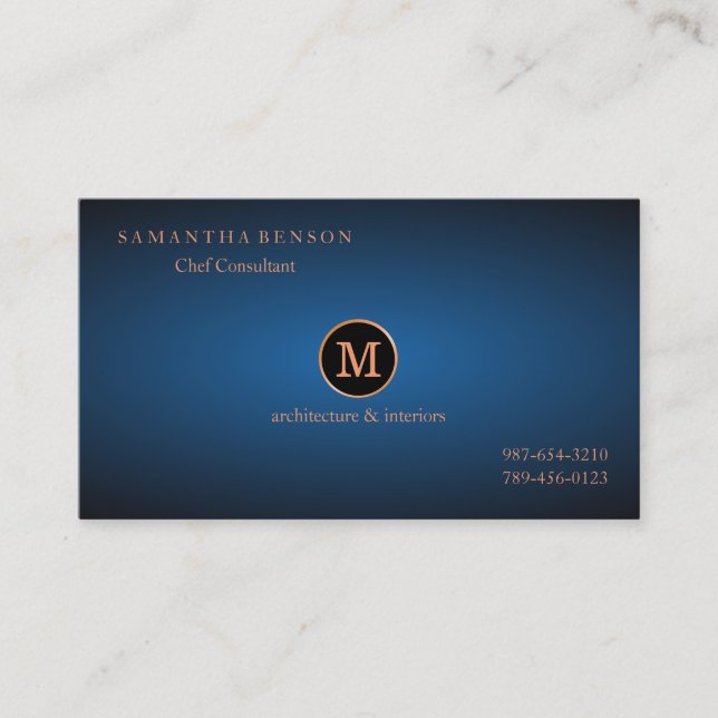 Gold Striped Monogrammed Modern Stylist Navy Blue Business Card (Front)