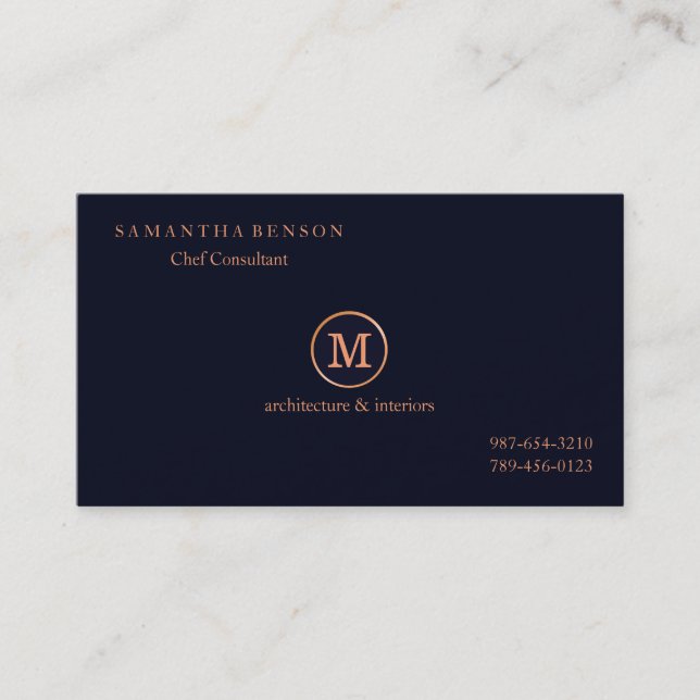 Gold Striped Monogrammed Modern Stylist Navy Blue Business Card (Front)