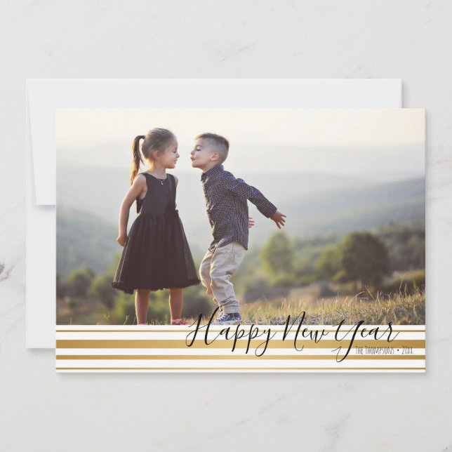 Gold Striped Pattern Happy New Year Photo Card (Front)