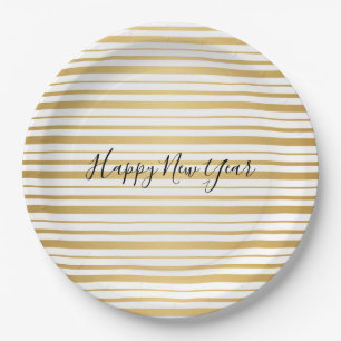 Gold Striped Pattern New Year's Paper Plates