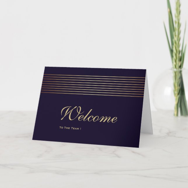 Gold Striped Sleek White Welcome Card (Front)